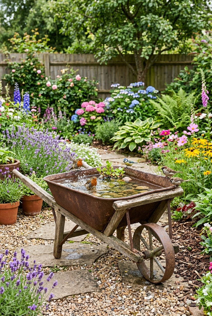 A vintage wheelbarrow filled with water serving as a bird bath surrounded by plants and small birds in a backyard garden.