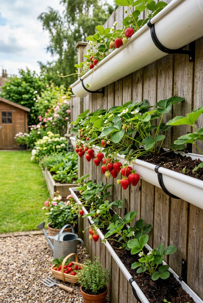 Backyard garden with strawberry plants growing in white gutters mounted on a wooden fence, showing ripe red strawberries and green leaves.