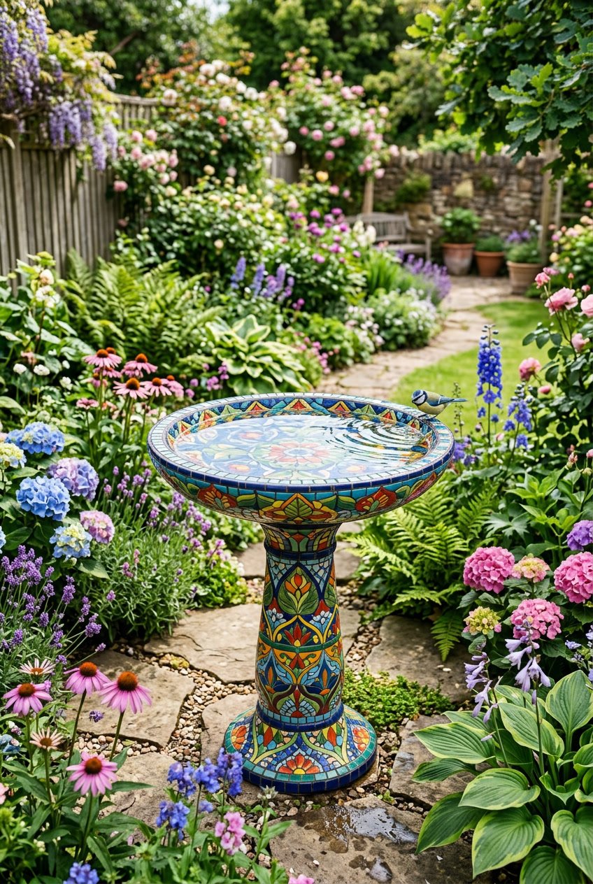 A mosaic-tiled bird bath surrounded by plants and flowers in a backyard garden.