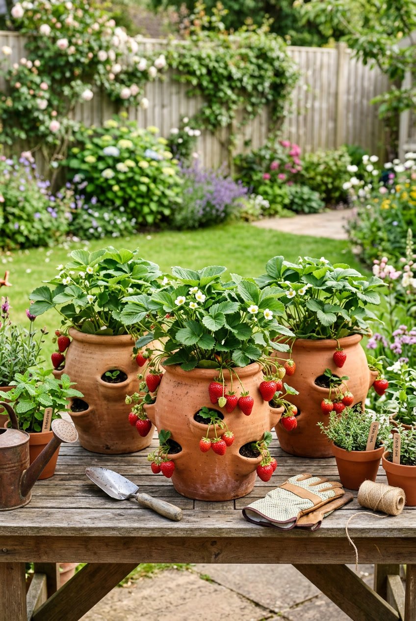 Ceramic strawberry pots with holes filled with strawberry plants and ripe strawberries arranged on a wooden table in a backyard garden.