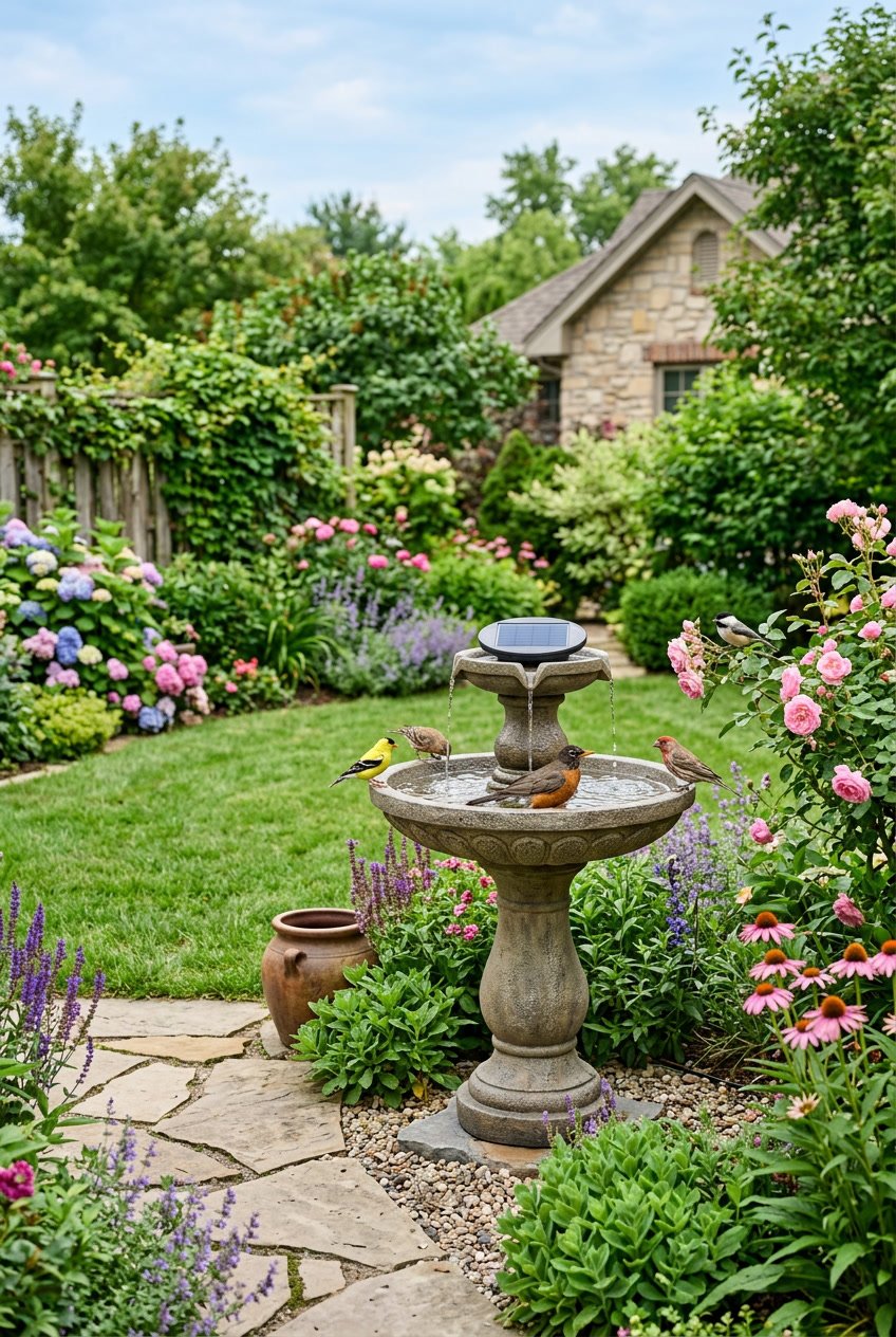 A backyard garden with a solar-powered fountain bird bath surrounded by flowers and small birds.