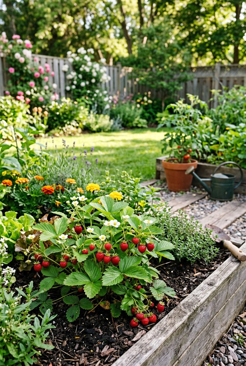 A backyard garden with wild strawberry plants growing among other garden plants, showing ripe red strawberries and green leaves.