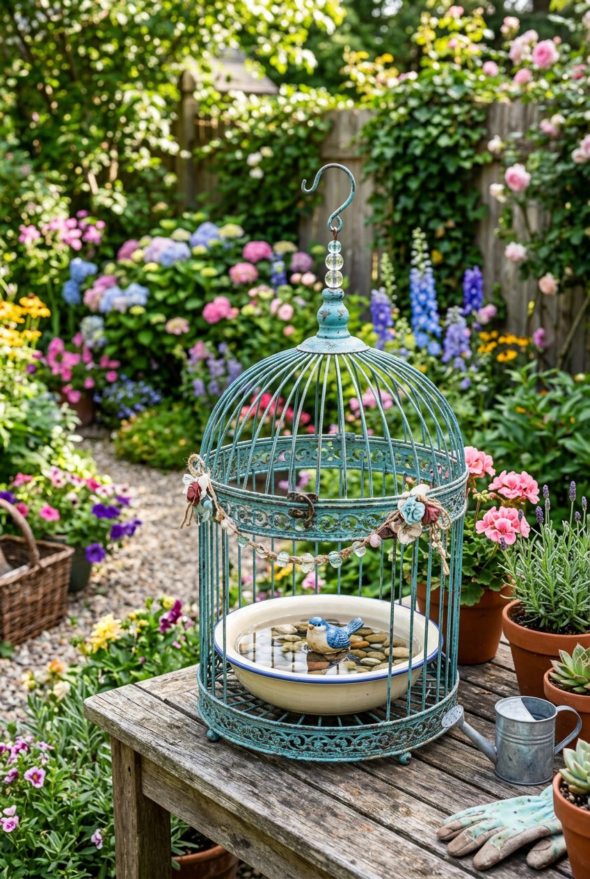 A classic birdcage repurposed as a bird bath centerpiece surrounded by flowers and plants in a backyard garden.