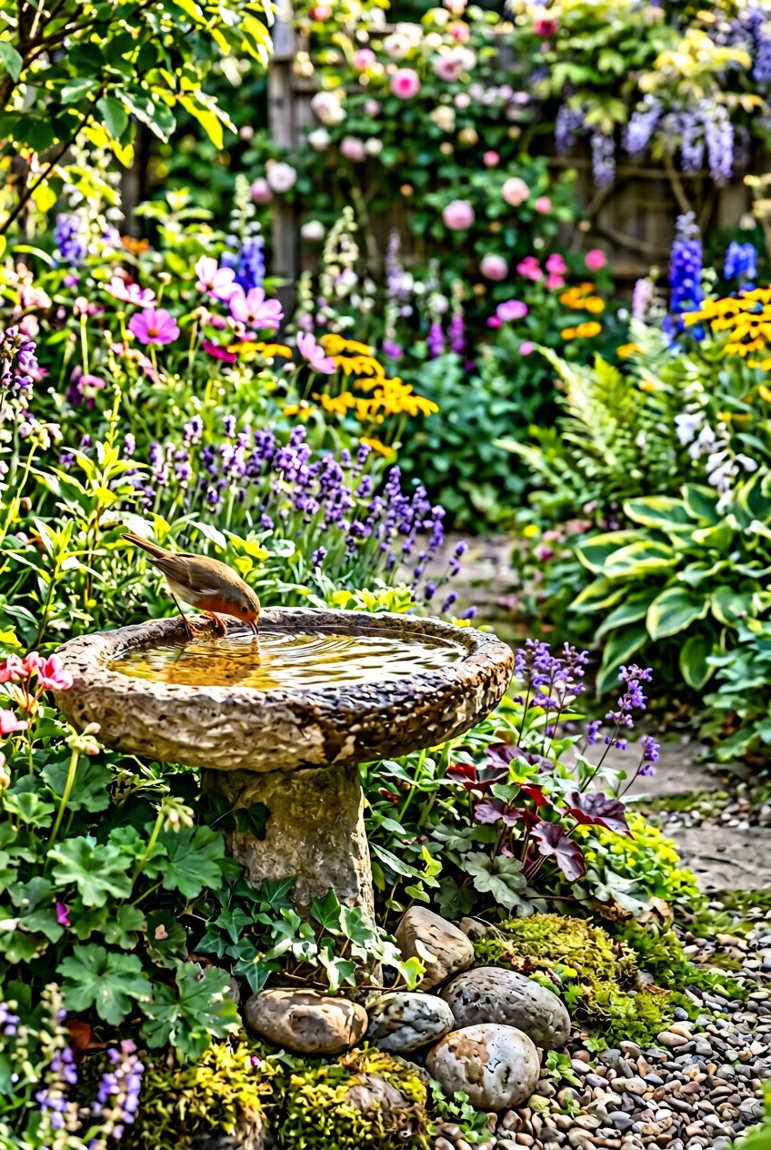 A shallow bird bath basin with water in a backyard garden surrounded by plants and flowers, with a small bird perched on the edge.
