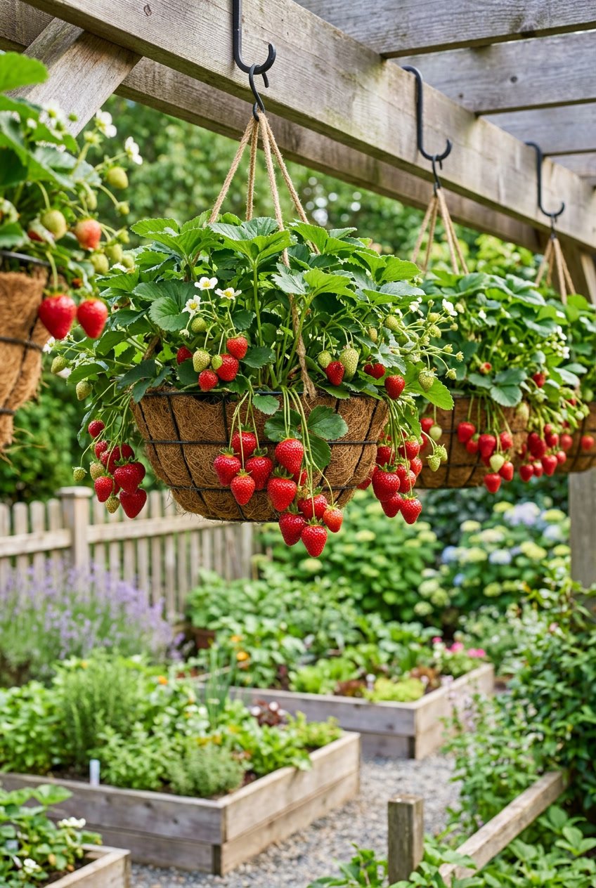 Hanging baskets filled with ripe red strawberries growing in a backyard garden.