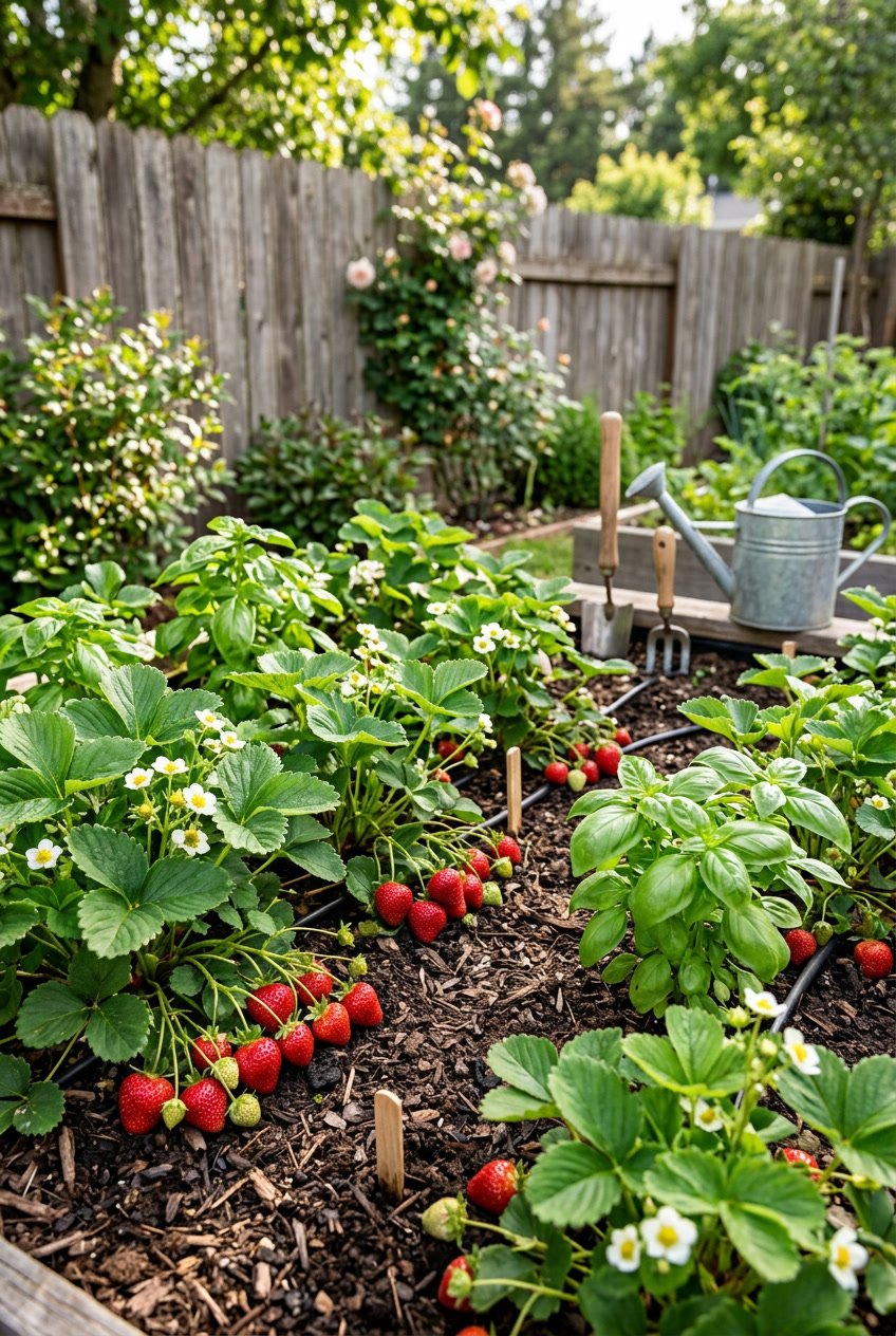 A backyard garden with ripe strawberries growing alongside green basil plants under natural sunlight.