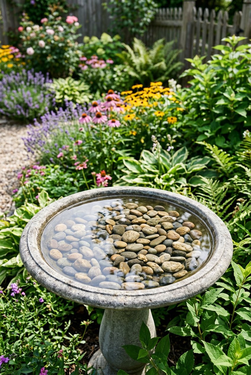 A backyard bird bath with smooth stones at the bottom surrounded by green plants and flowers.
