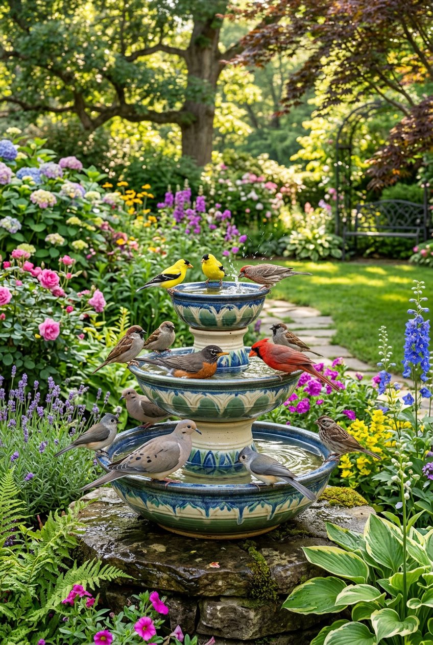 A tiered bird bath made from stacked bowls in a backyard garden with various birds perched and drinking water.