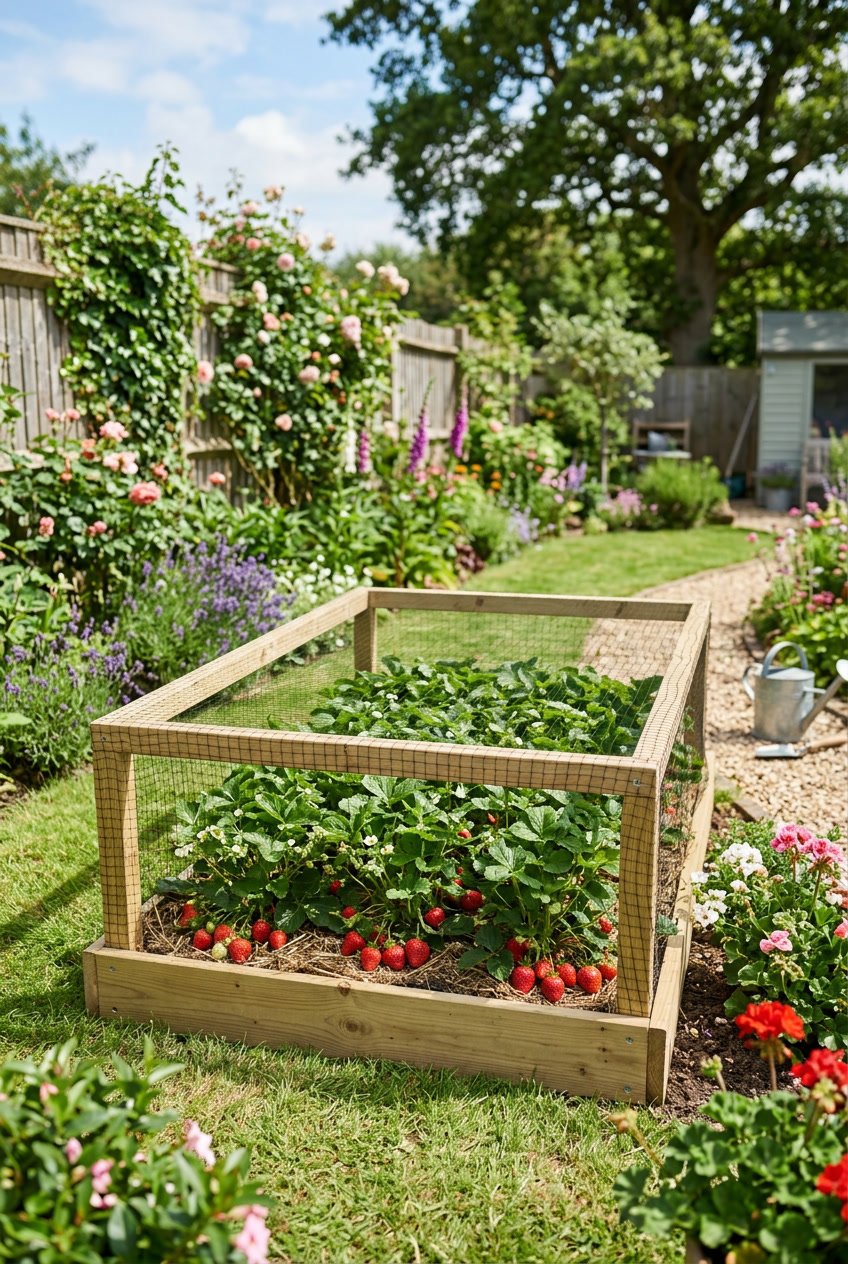 A backyard strawberry garden with a low wooden frame covered by bird netting protecting ripe strawberries.