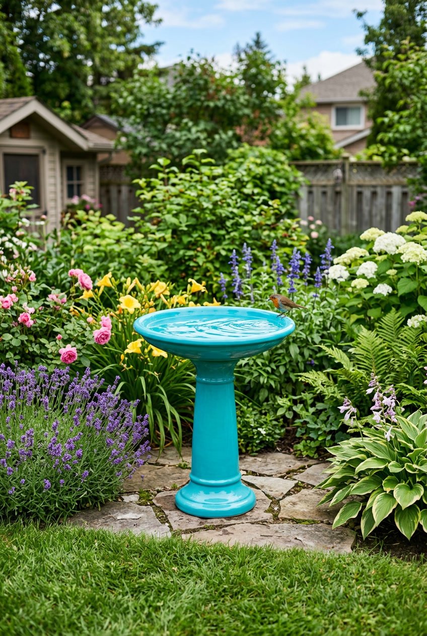 A brightly painted bird bath basin in a green backyard garden surrounded by flowers and plants.