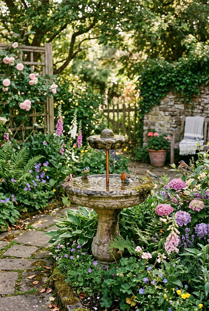 A backyard garden with a bird bath surrounded by plants and birds, with water droplets gently falling into the bath.