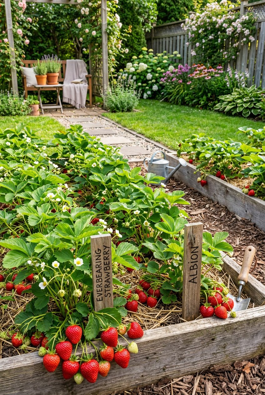 A backyard garden with healthy strawberry plants bearing ripe red strawberries among green leaves, surrounded by garden beds and a lawn.