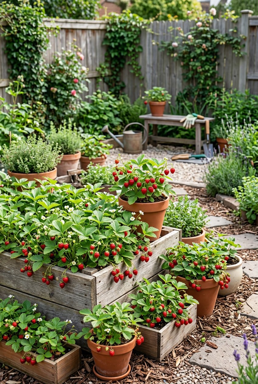 Backyard garden with alpine strawberry plants bearing small red strawberries in containers and raised beds.