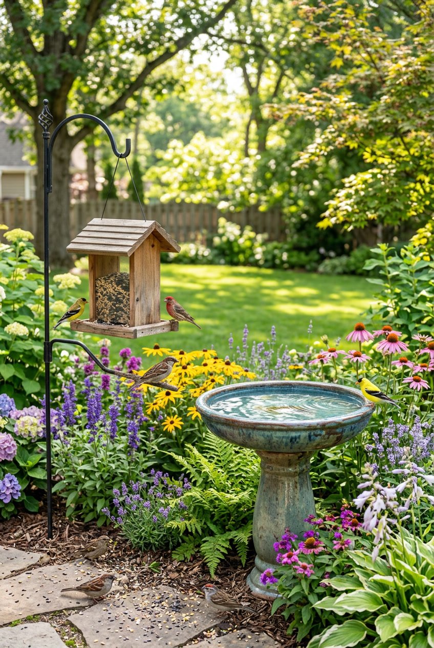 A backyard garden with a bird bath next to a bird feeder surrounded by plants and small birds.