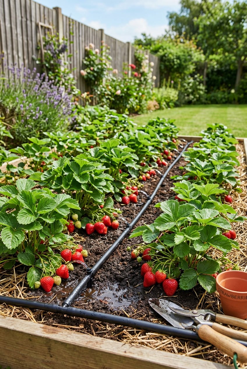 Backyard strawberry garden with ripe strawberries and a drip irrigation system watering the plants.