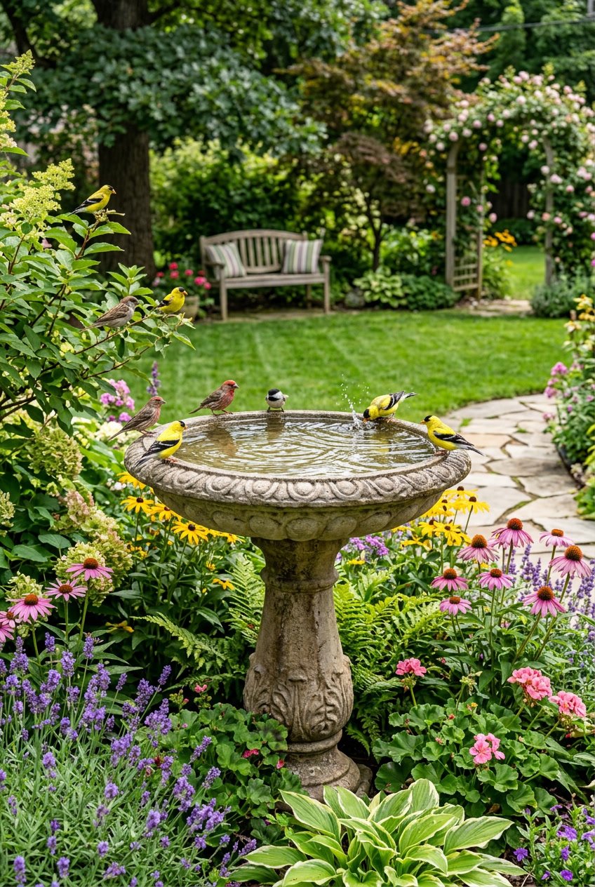 A backyard garden with a bird bath on a sturdy pedestal surrounded by plants and small birds drinking water.