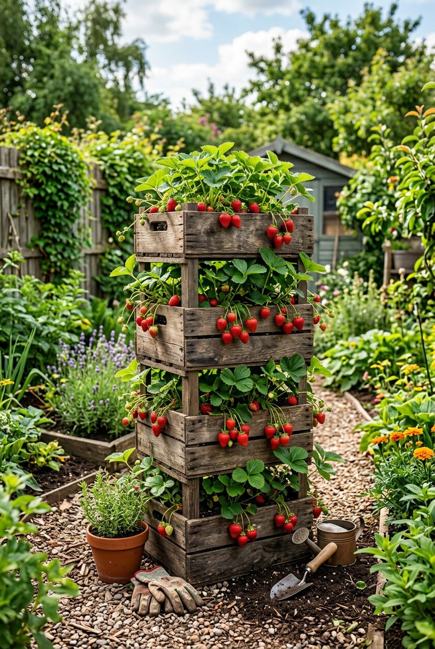 Stacked recycled wooden crates filled with fresh strawberries in a backyard garden surrounded by green plants.