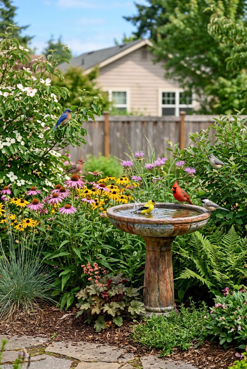 A backyard bird bath surrounded by native plants with several birds perched nearby and among the foliage.
