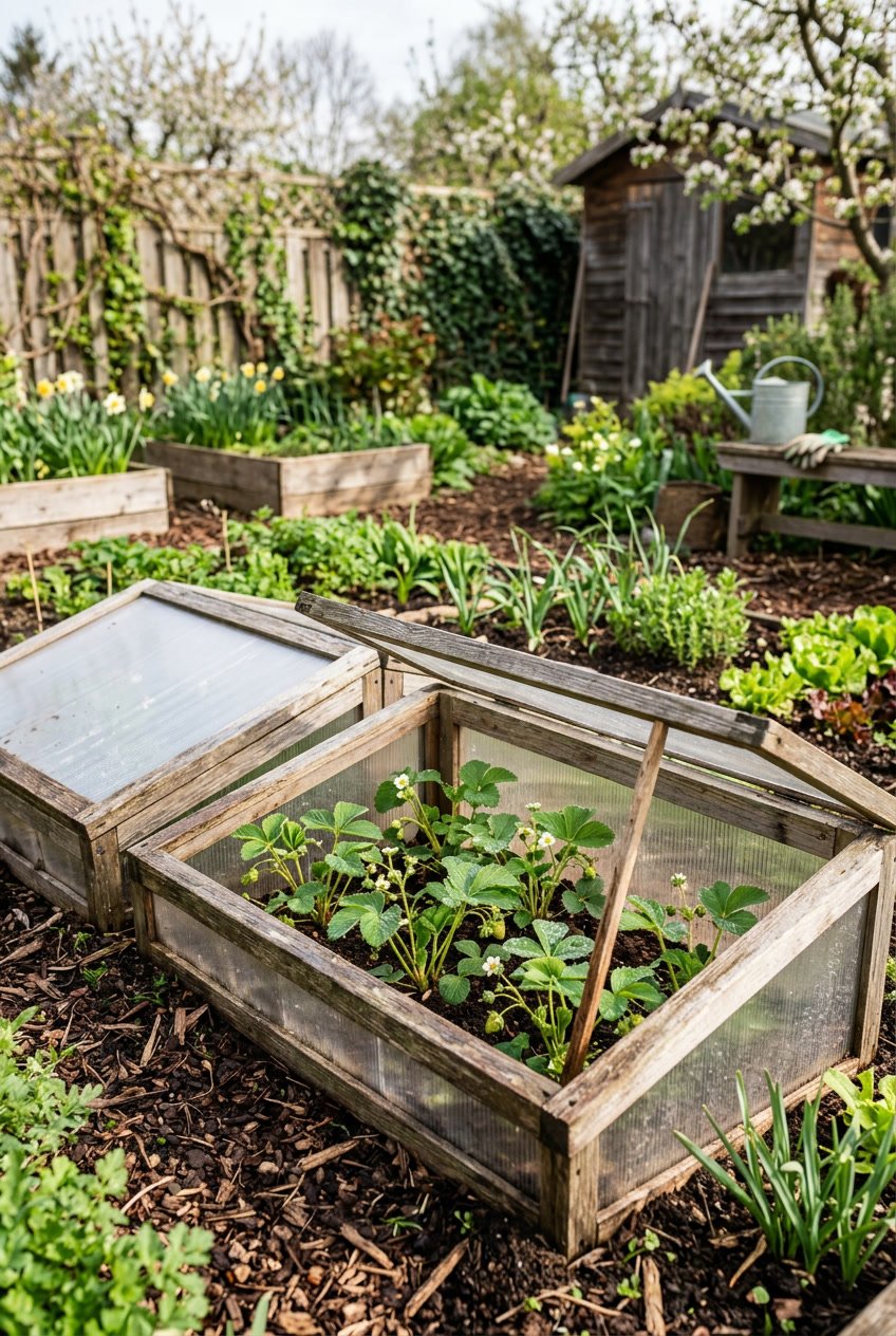Young strawberry plants growing in a backyard garden protected by clear DIY cold frames under soft morning light.