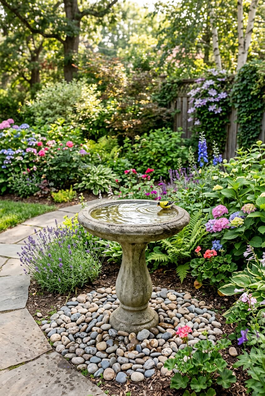 A backyard bird bath filled with water and lined with pebbles, surrounded by green plants and flowers.