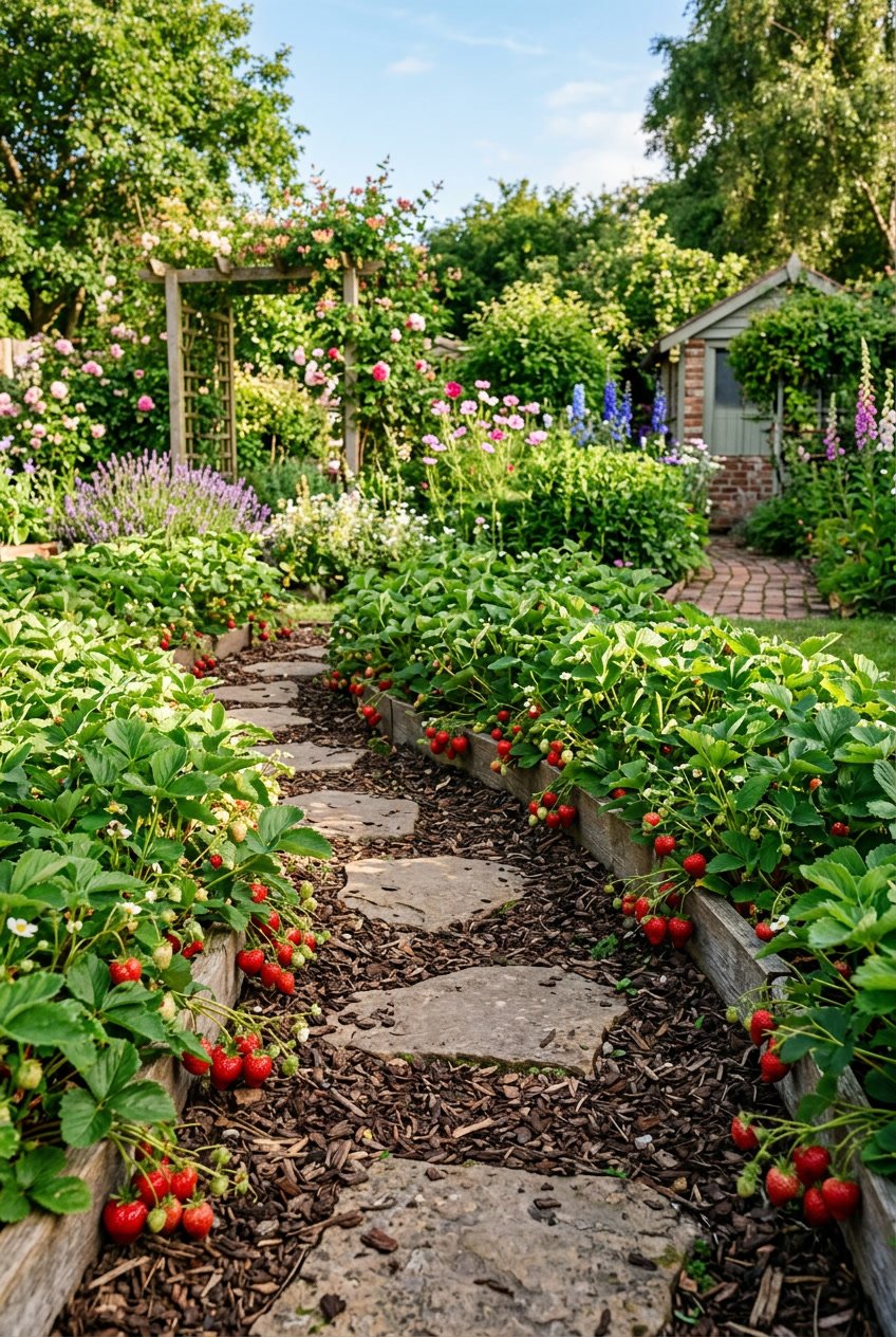 A backyard garden with winding paths bordered by healthy strawberry plants bearing ripe red strawberries.