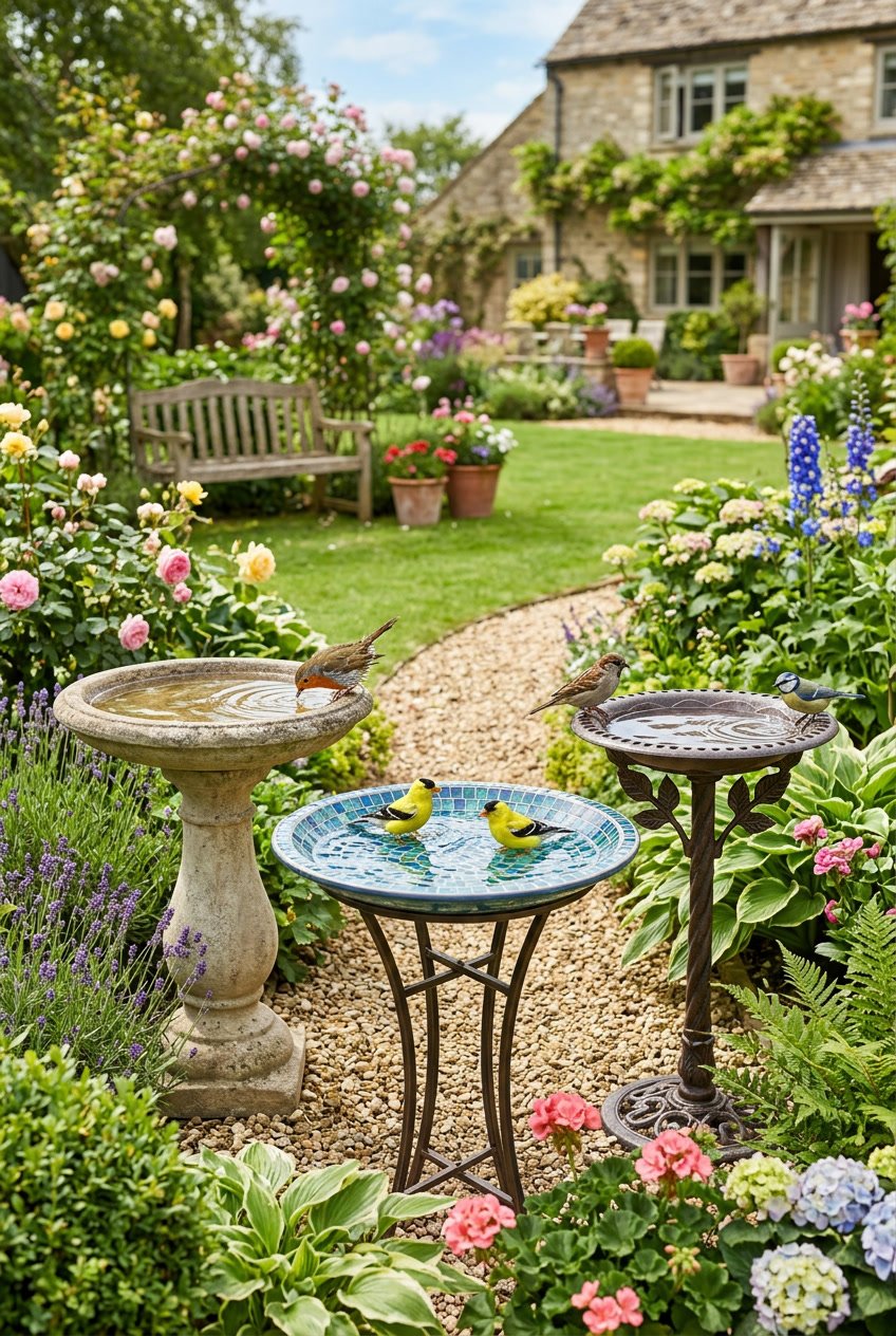 A backyard garden with various bird baths surrounded by flowers and greenery, with small birds perched and drinking water.