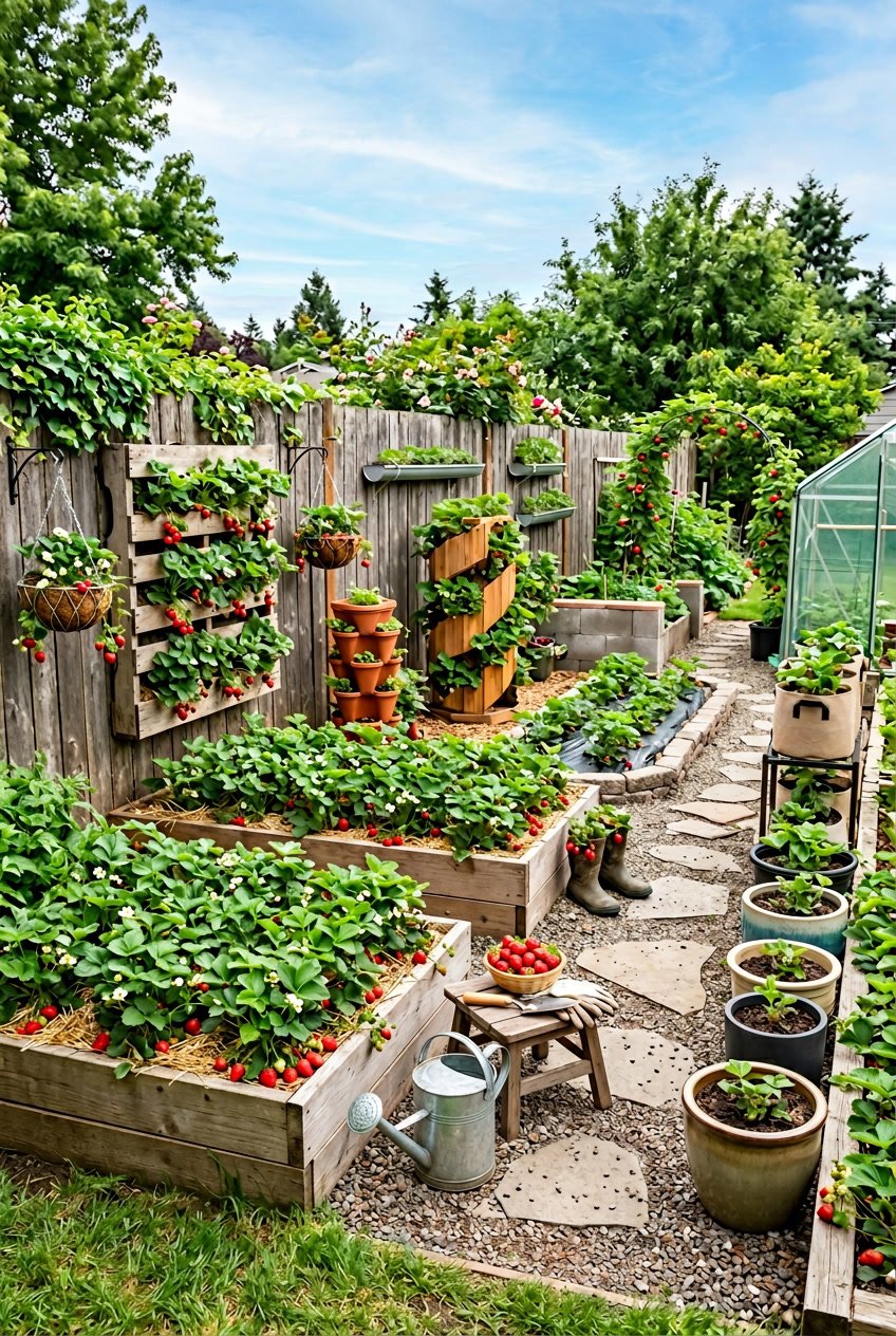 A backyard garden with multiple raised beds, hanging baskets, and containers full of ripe strawberries and green plants under a sunny sky.