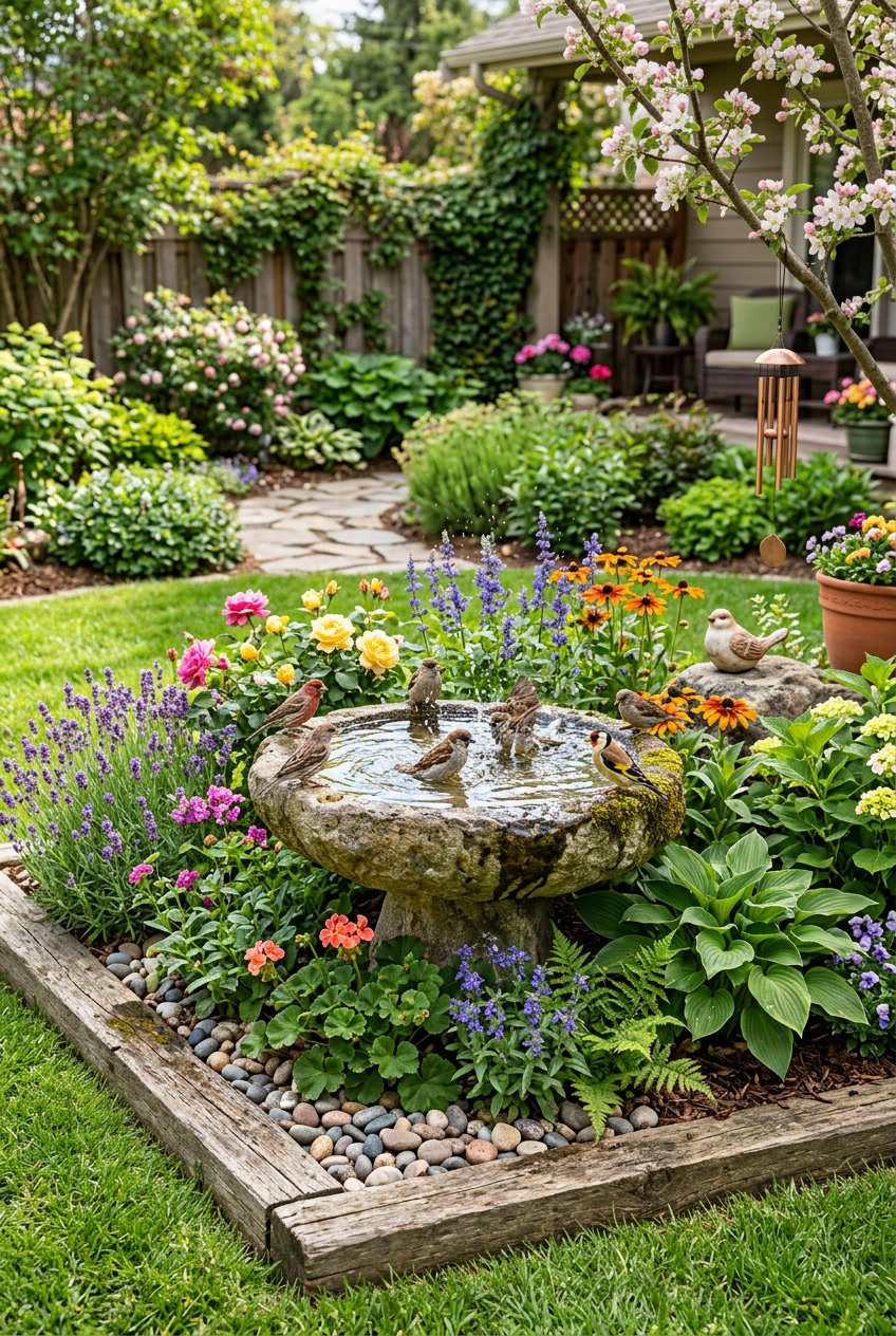 A backyard garden with a stone bird bath surrounded by green plants and colorful flowers, with small birds drinking and bathing in the water.