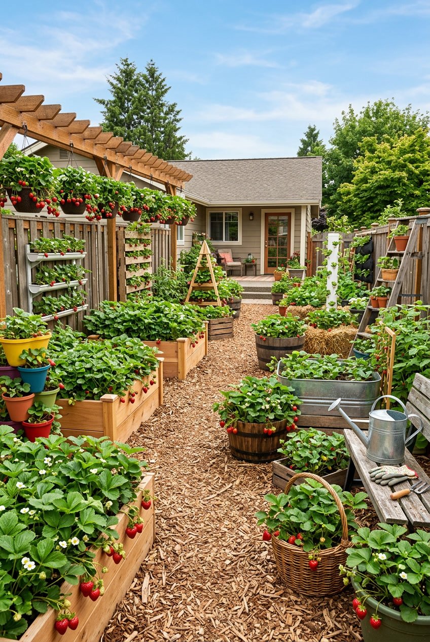A backyard garden with various strawberry plants growing in raised beds, hanging baskets, and containers, showing ripe red strawberries and green leaves.