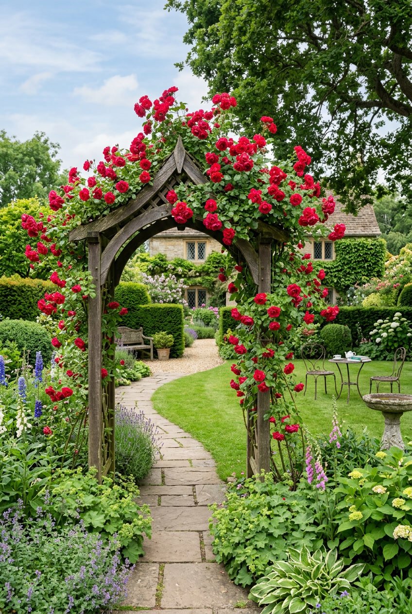 A backyard English garden with red climbing roses cascading over wooden arbors surrounded by green plants and a stone pathway.