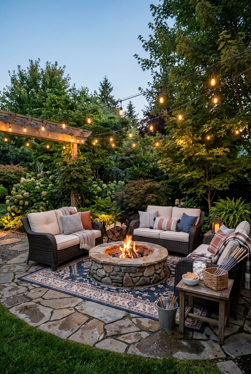 Backyard fire pit lounge with cushioned seating surrounded by garden plants during early evening.