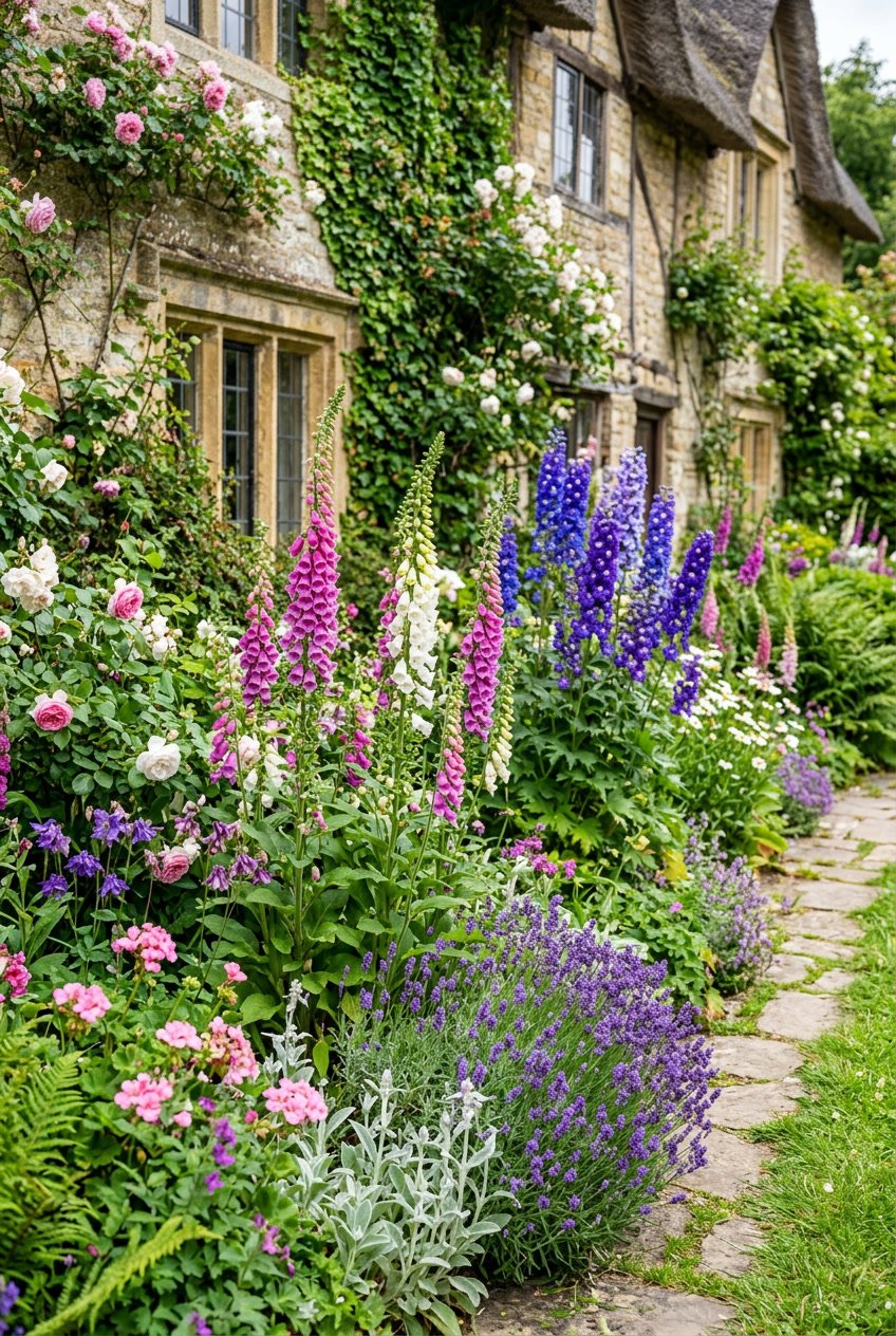 A backyard garden border filled with blooming foxgloves, blue delphiniums, and purple lavender plants in front of a cottage wall.