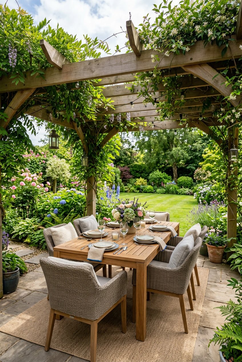 A pergola-covered outdoor dining area in a garden with a wooden table, chairs, and surrounding green plants.