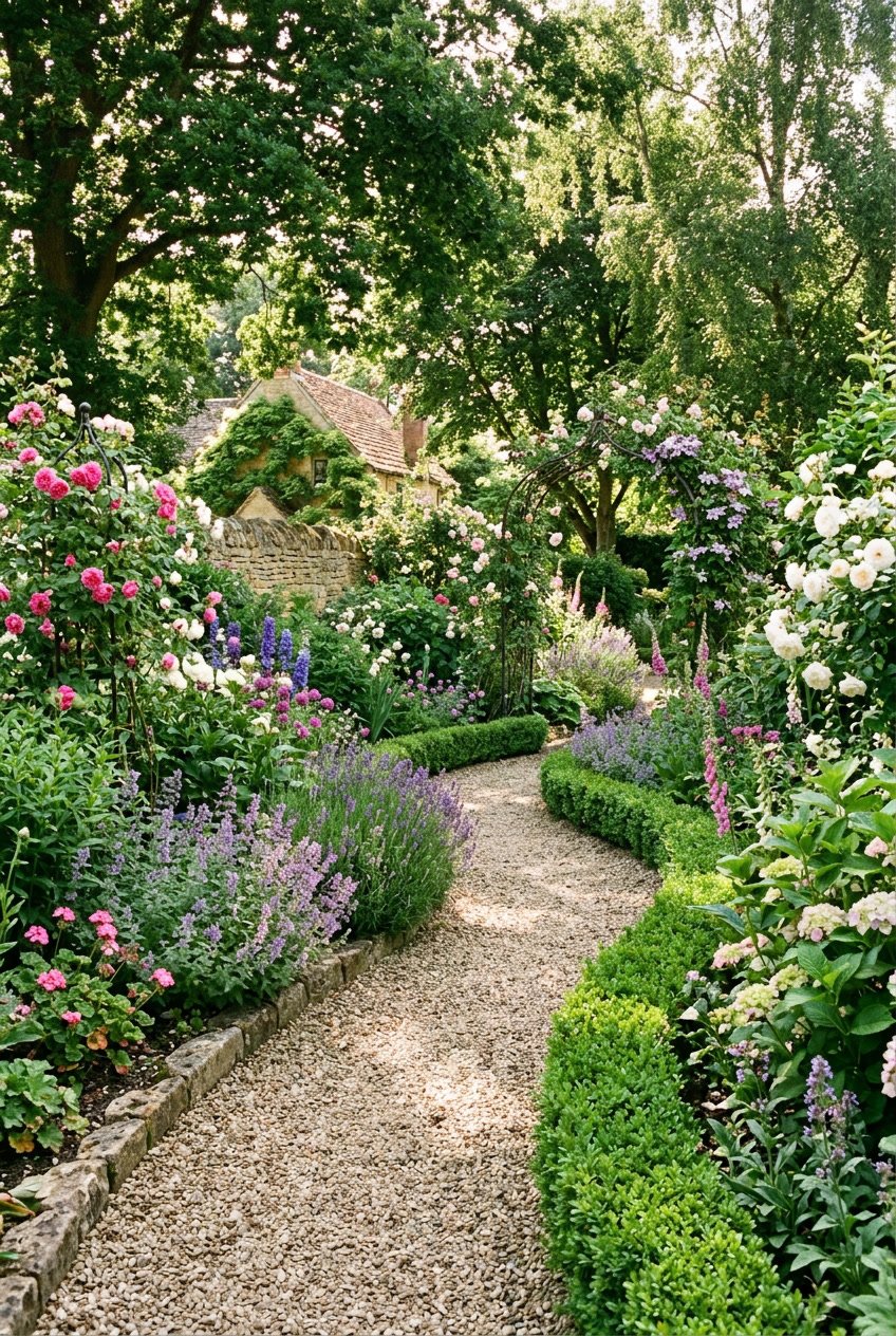 A winding gravel pathway surrounded by green plants and colorful flowers in an English garden.