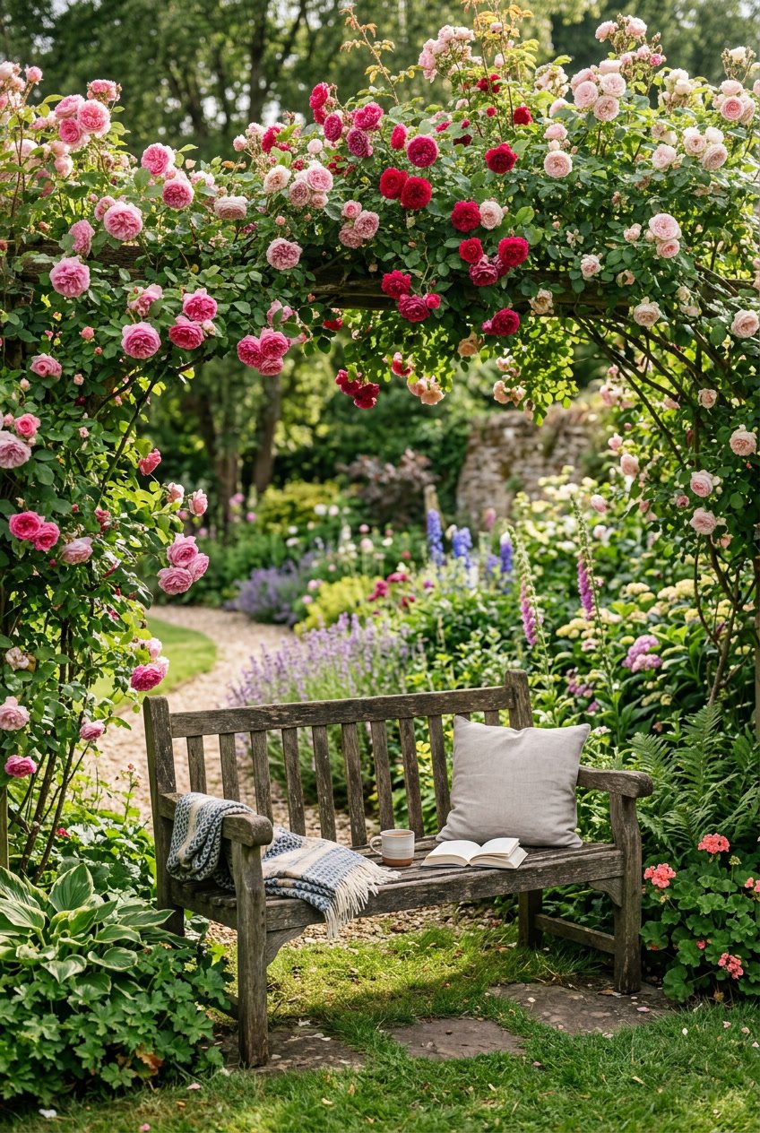A rustic wooden bench under a climbing rosevine in a backyard garden surrounded by plants and flowers.
