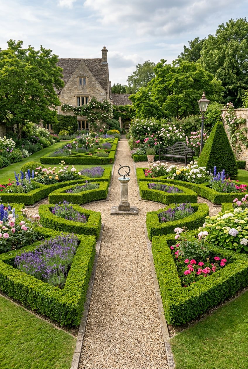 A neatly trimmed English garden backyard with geometric hedges, colorful flower beds, and stone pathways under natural daylight.