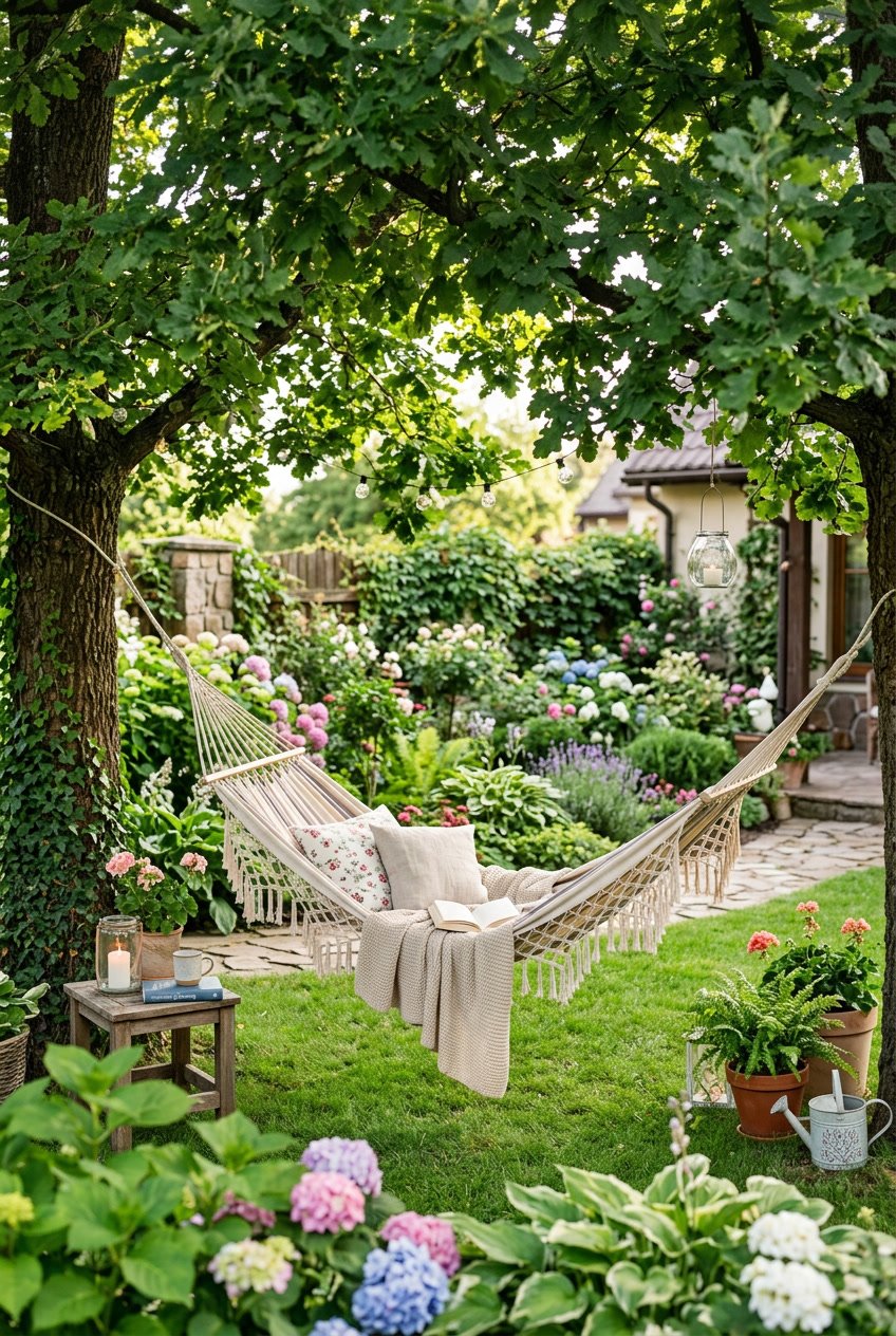 A backyard garden with a hammock hanging between two large trees surrounded by plants and grass.