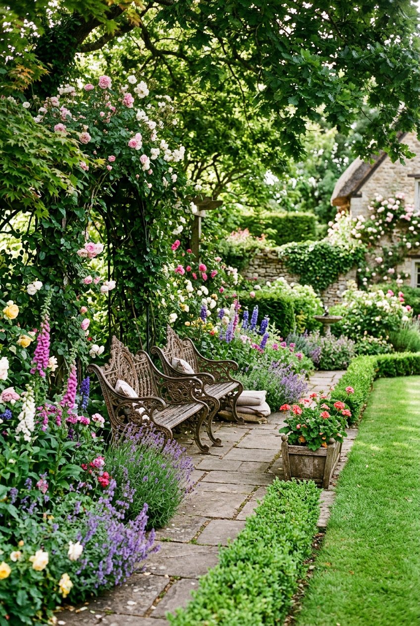 A peaceful English garden backyard with vintage wrought iron benches surrounded by colorful flowers, greenery, and a stone pathway.