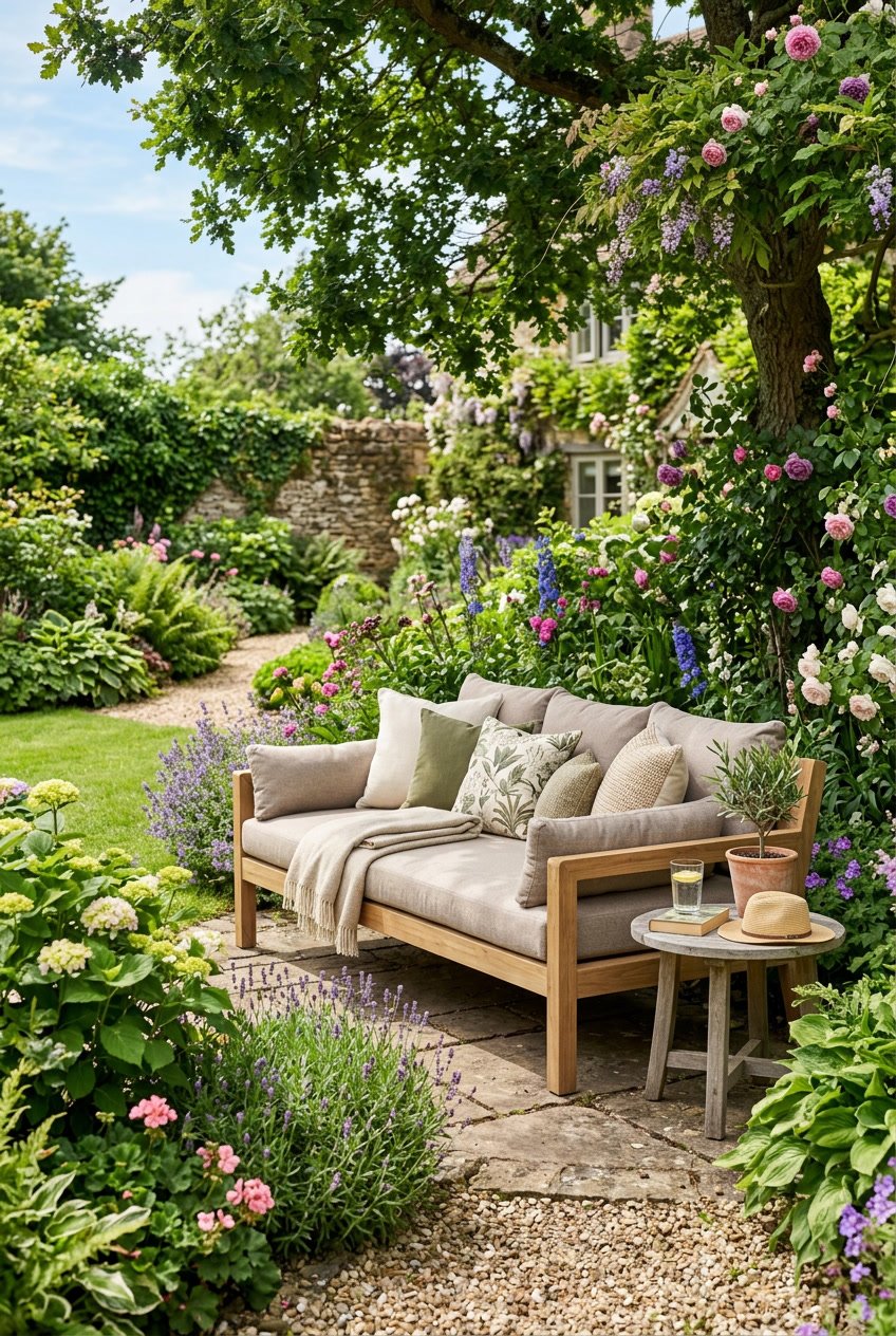 An outdoor daybed with plush cushions surrounded by green plants and flowers in a backyard garden.