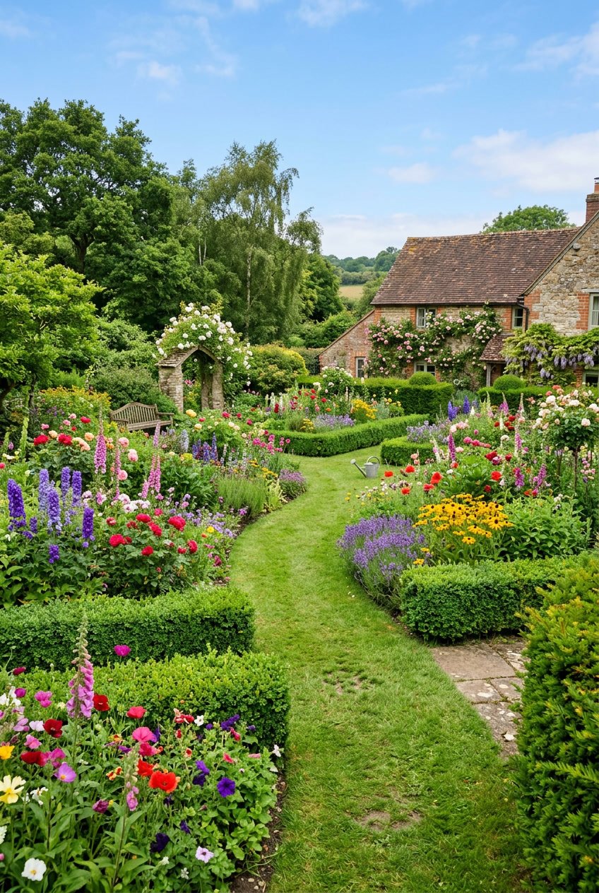 A colorful English garden backyard with informal flower beds and neatly clipped green hedges under a clear sky.