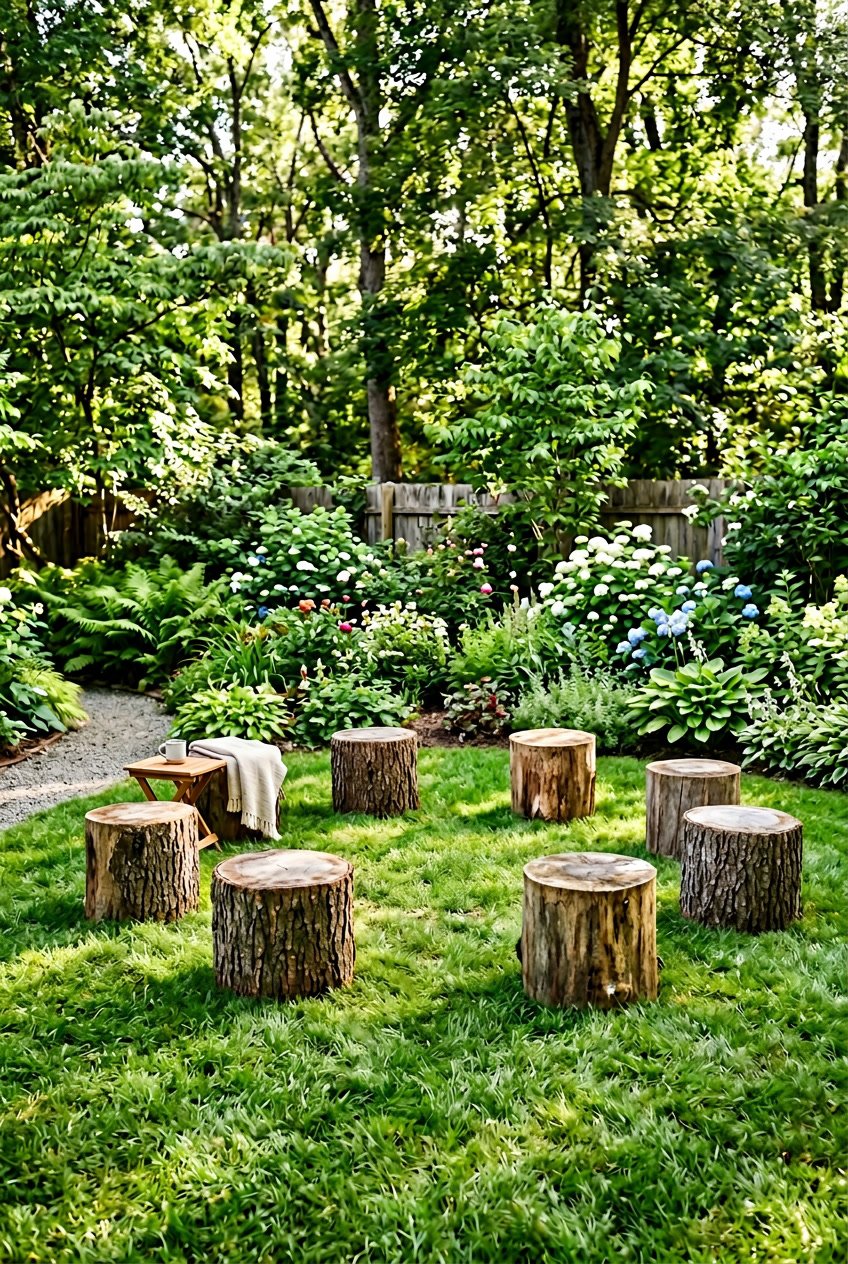 A circle of tree stumps arranged as seats in a backyard garden surrounded by grass and plants.