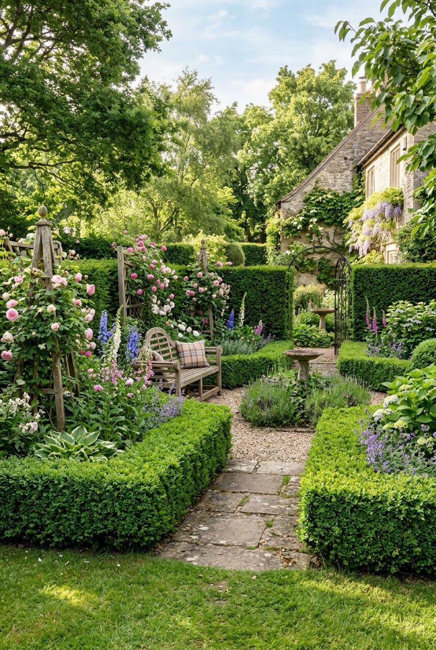 A backyard garden with neatly trimmed boxwood hedges forming pathways and secluded garden rooms filled with flowers and benches.