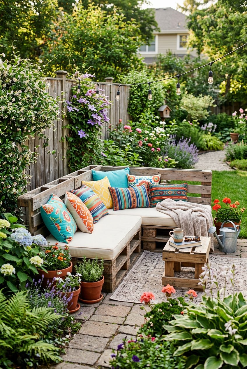 A backyard garden sitting area with a wooden pallet sofa decorated with colorful throw pillows surrounded by green plants and flowers.