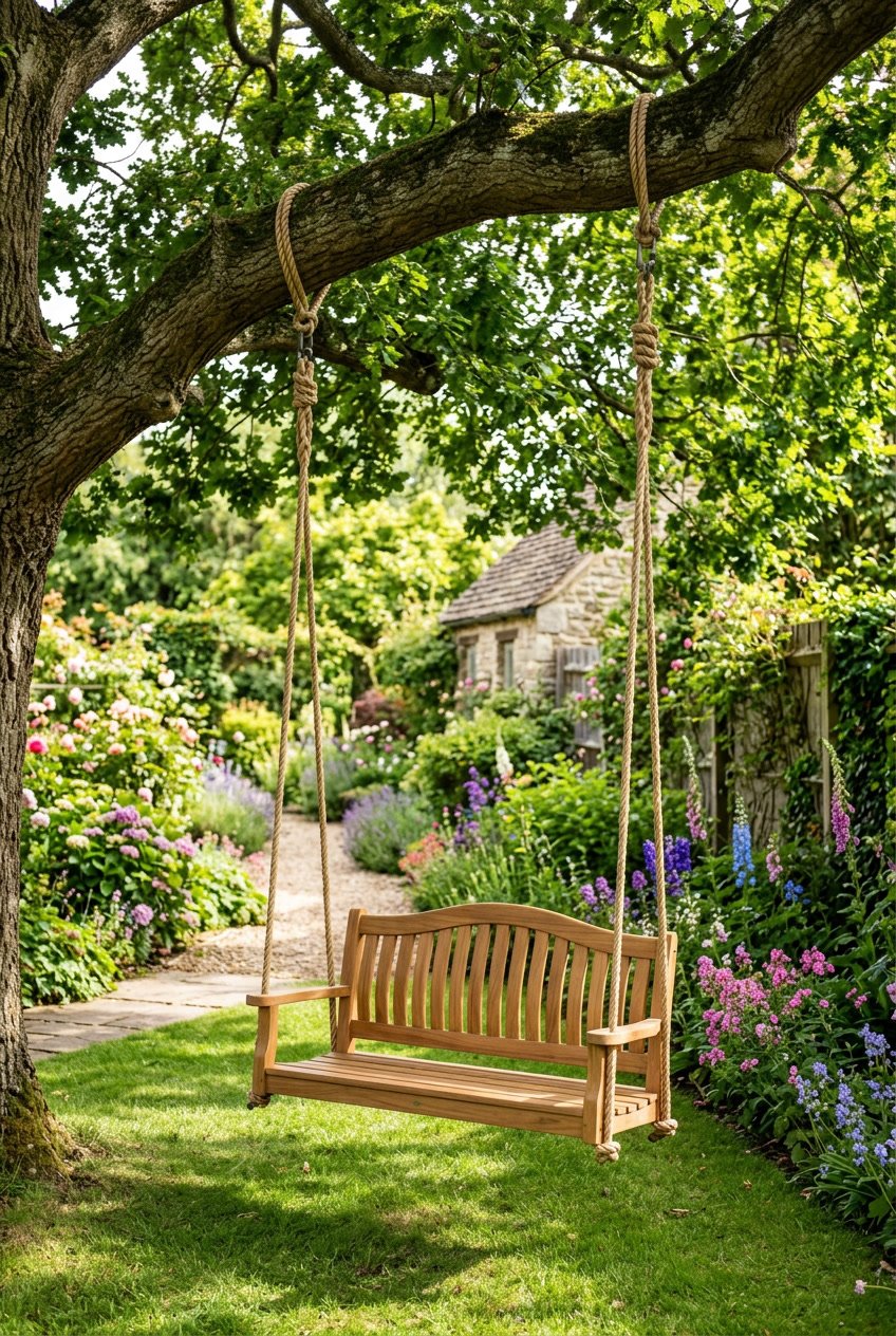 A wooden swing seat hanging from a large oak tree branch in a green backyard garden.