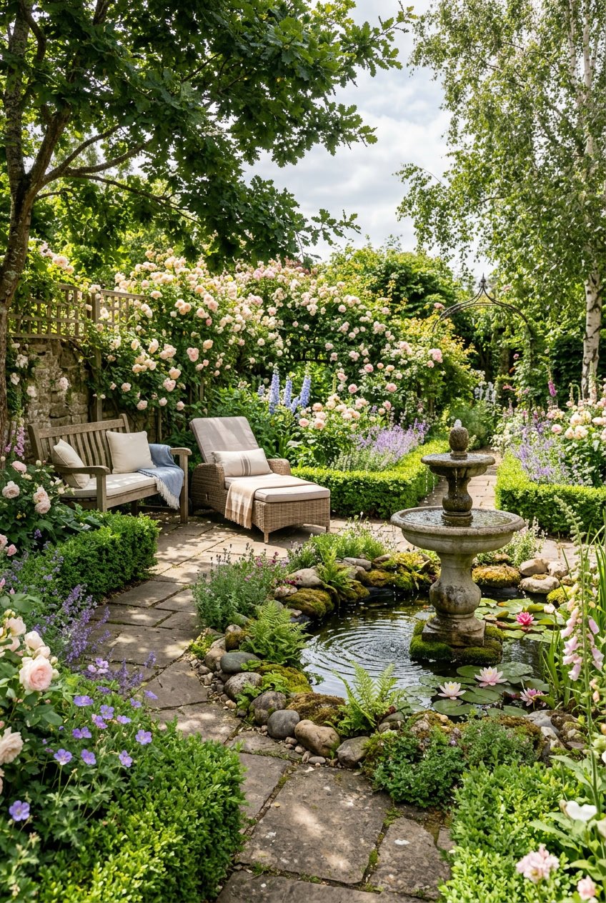 A peaceful English garden backyard with gentle water features, blooming flowers, greenery, and sunlight filtering through trees over a bench and sun lounger.