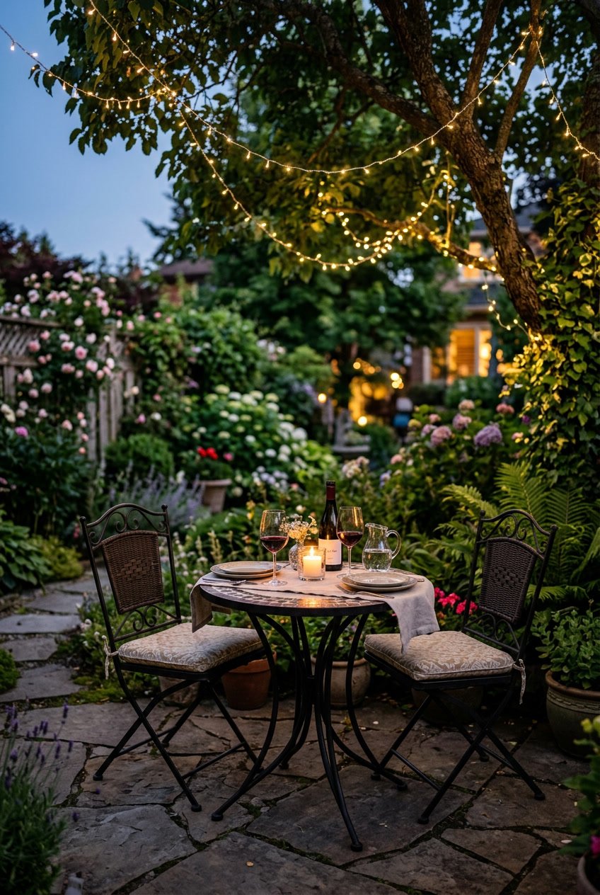 A small bistro table set with two chairs in a garden, illuminated by twinkling fairy lights at dusk.
