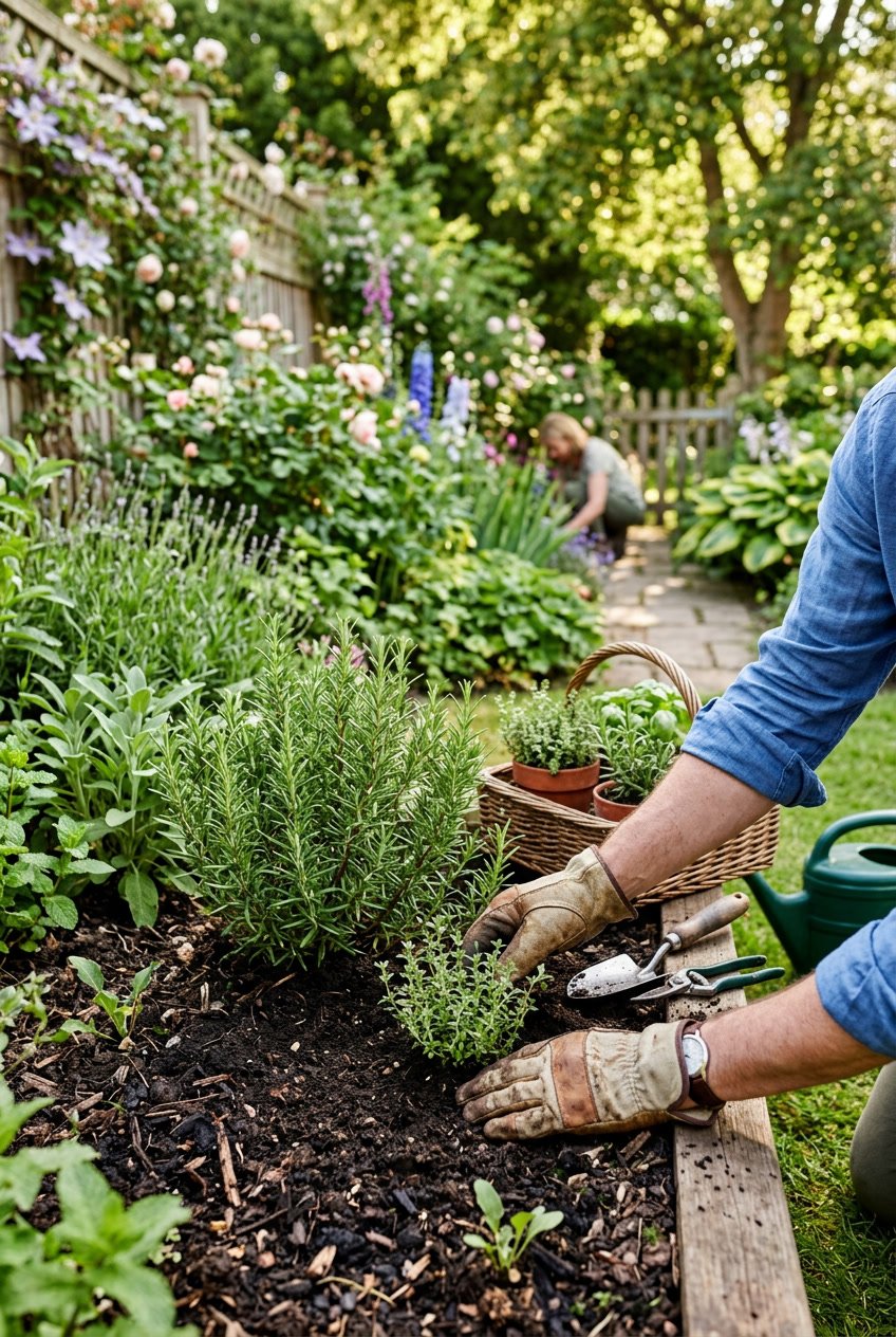 Hands planting thyme and rosemary herbs in a backyard garden bed with green plants and garden tools nearby.