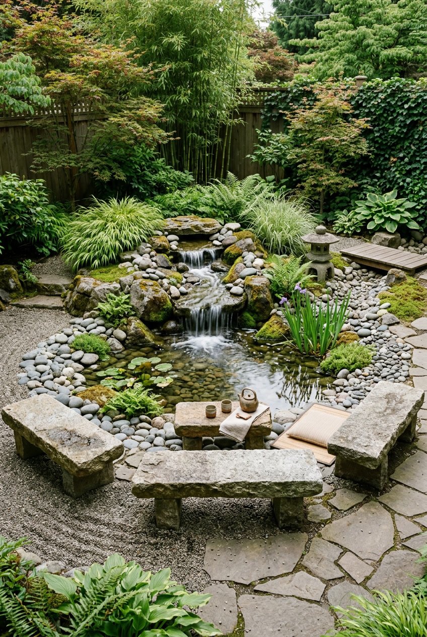 A backyard garden sitting area with a water feature surrounded by stone benches and green plants.
