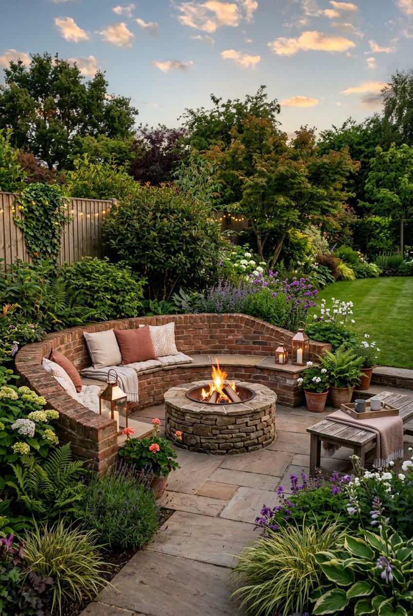 Backyard garden sitting area with built-in brick seating arranged around a firepit, surrounded by plants and greenery.