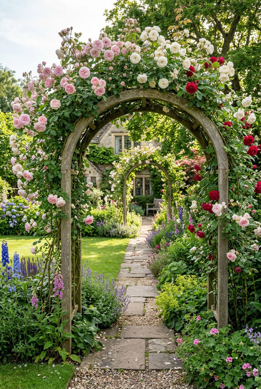A garden entrance framed by arches covered in blooming roses leading into a backyard with green plants and a stone pathway.